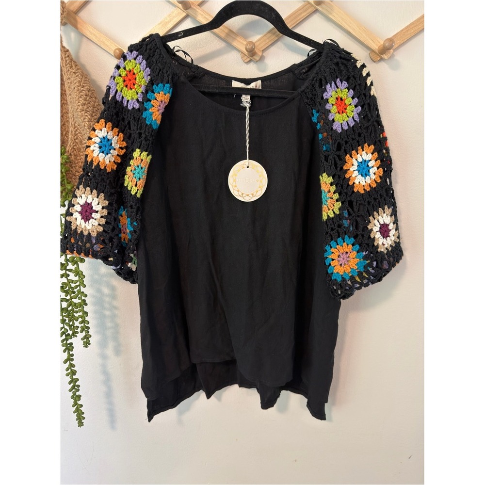 Umgee Granny Square Crochet Sleeve Top 1XL Black Boho Grandmacore - Picture 2 of 7